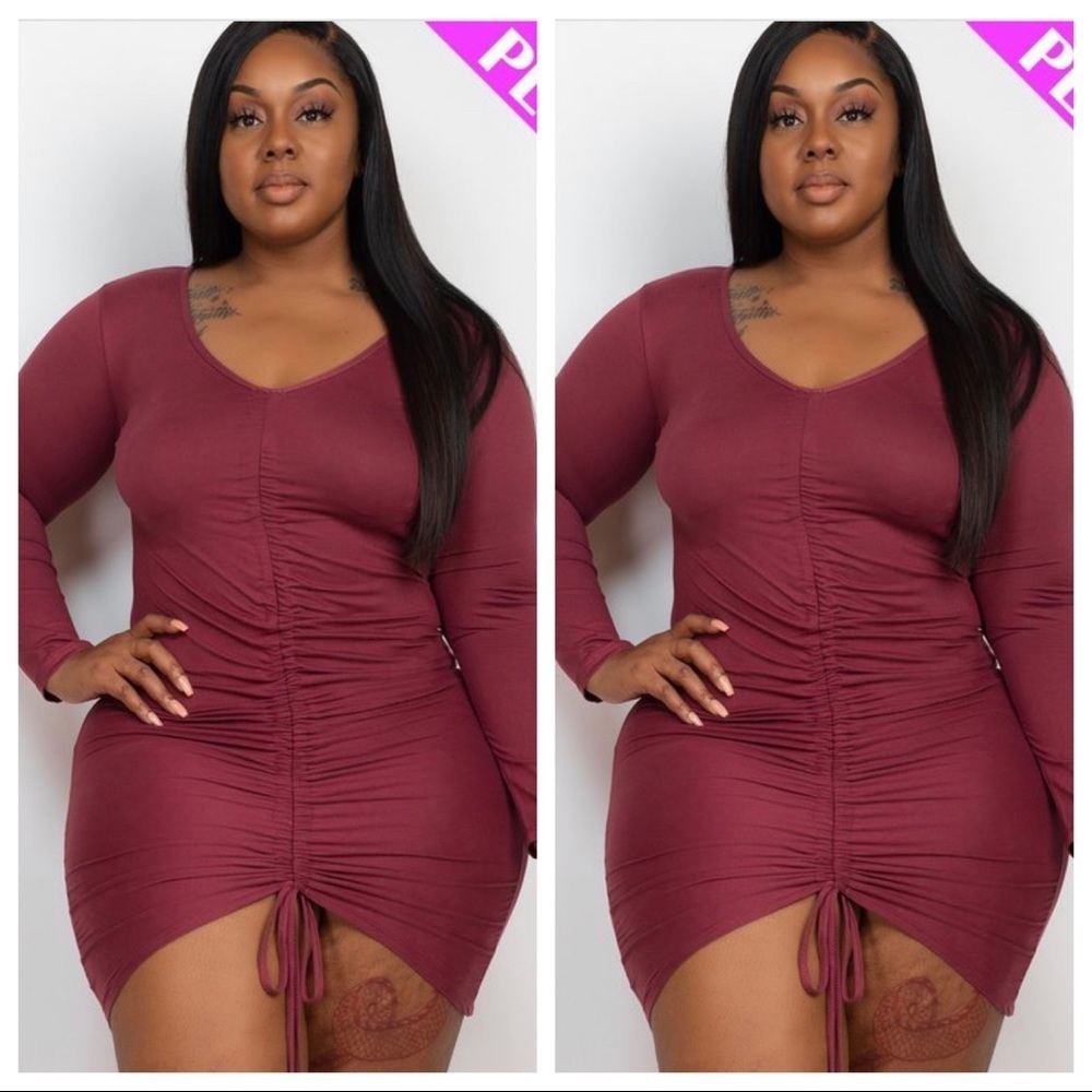 PLUS SIZE NOCTURNE BURGUNDY RUCHED LONG SLEEVE DRESS